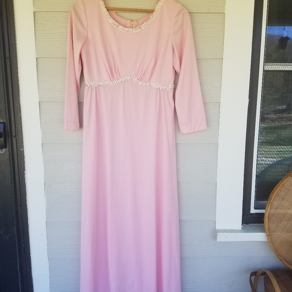 Vintage 50s 60s Sylvia Ann Beaded Gown Pink Full Length Union Made